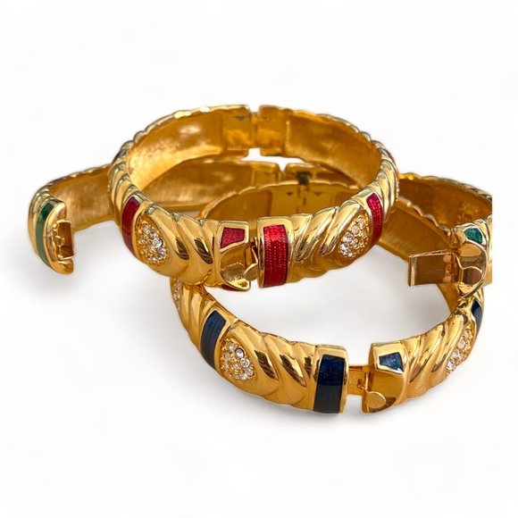 Joan Rivers | 3 Vintage Gold & Enamel Bangle Bracelets w/ Rhinestones - Picture 4 of 5